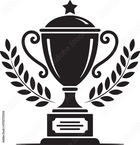 Black silhouette of a trophy with laurel branches and a star on a pedestal award winner