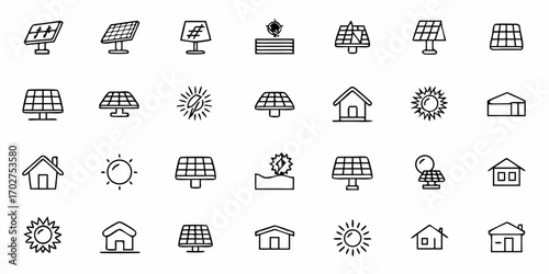 Embrace Renewable Energy with These Hand-Drawn Icons of Solar Panels, Sunshine, and Sustainable Homes, Perfect for Eco-Friendly Designs and Green Energy Initiatives