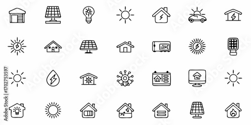 Sustainable Energy Icons for Eco-Friendly Living and Green Solutions: Modern Line Art Symbols for Renewable Resources and Smart Home Technology Illustrations