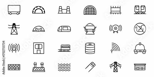 Modern icons depicting transportation infrastructure, industrial elements, and public utilities for diverse design projects