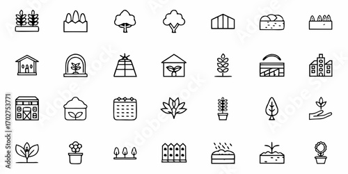 Vibrant collection of modern agriculture and growth icons, perfect for business, technology, and ecological themes, symbolizing farming and urban development