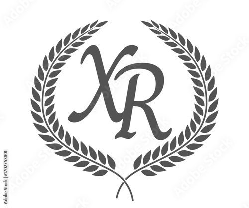 Initial letter X and R, XR monogram logo design with laurel wreath. Luxury calligraphy font.