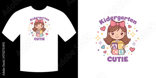 Kindergarten Cutie Shirt Design: A charming t-shirt design featuring a cute cartoon illustration of a kindergarten girl with a playful smile.