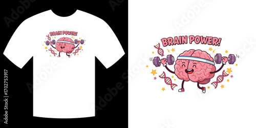 Brain Power T-Shirt Design: This illustration captures a lively brain with dumbbells, a design symbolizing mental strength and cognitive power.