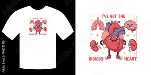 Biology Heart T-shirt Design: A playful illustration featuring a smiling heart, alongside various human organs, perfect for educational or medical-themed merchandise.