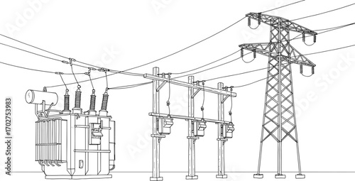 Electrical transformer line art, wooden utility poles, high-voltage transmission tower, power lines illustration, energy distribution, electrical infrastructure drawing, electrical network sketch
