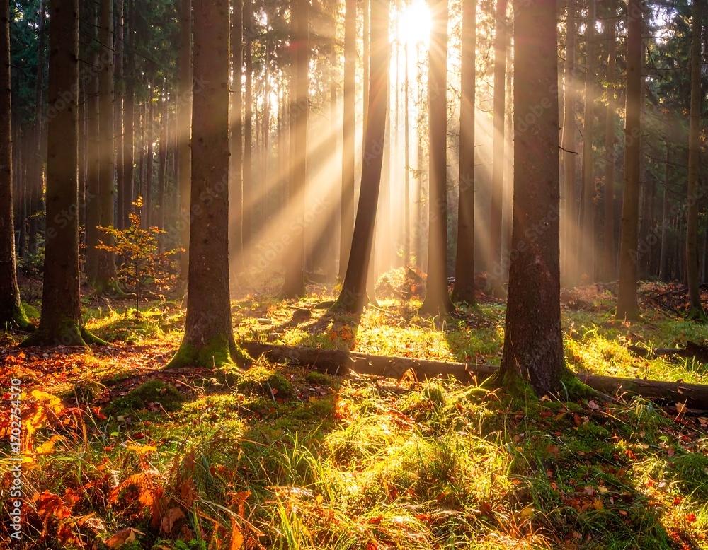 Fototapeta premium Sunlight streams through a misty autumn forest