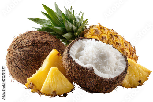 Tropical fruit medley of coconuts and pineapples