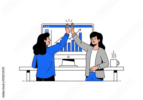 Two diverse businesswomen celebrating success with a high five in office setting