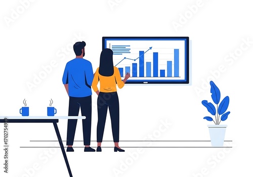 Business meeting data analysis professionals reviewing financial growth charts displayed on screen