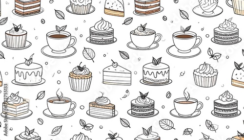 Wallpaper Mural Delicate hand-drawn pattern of cakes, cupcakes, and coffee cups design Torontodigital.ca