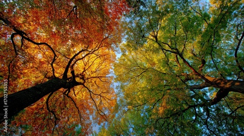 Lowangle view of two trees one with orange leaves and the other with green against a bright blue sky