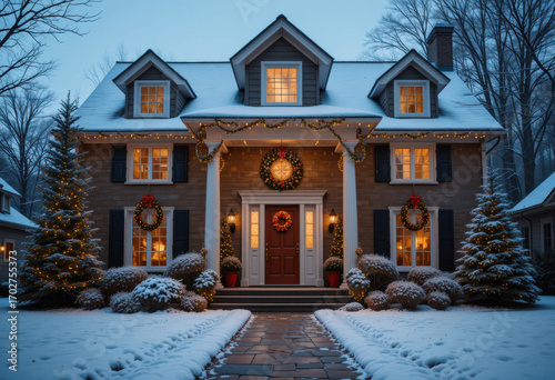 Snowy House Exterior with Christmas Lights