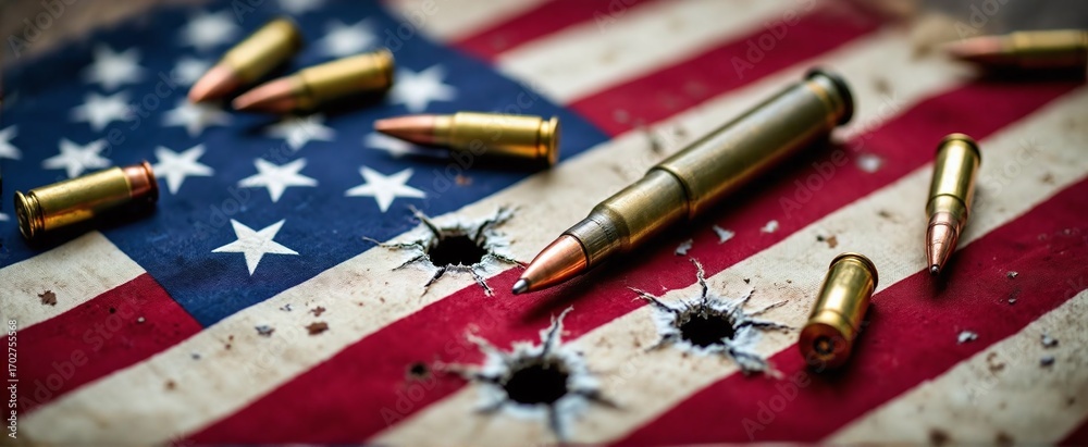 Fototapeta premium American flag riddled with bullet holes and scattered ammunition.