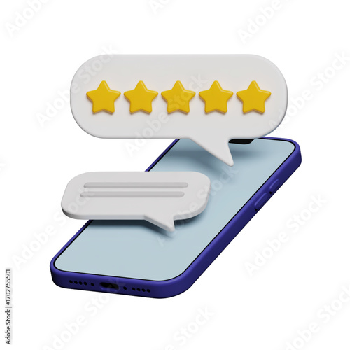 Five star rating on a smartphone screen with speech bubbles, representing customer feedback and online reviews, isolated on transparent background
