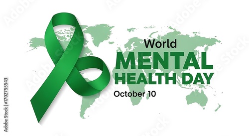 World mental health day on october 10 with a green ribbon and a world map background