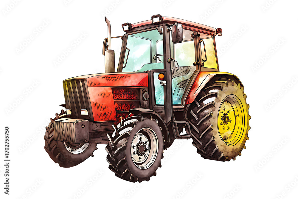 Obraz premium Red tractor with large wheels and cab on background farm agriculture isolated on a transparent background