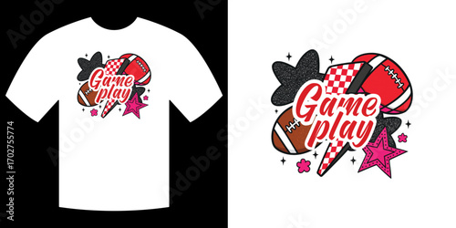Game Play Tee Design: An eye-catching illustration adorns a pristine tee, showcasing football and vibrant stars in a playful, graphic style, Perfect for sports enthusiasts