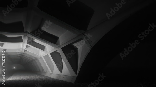 Black and white shot of long dark tunnel with concrete geometric pattern on wall and ceiling