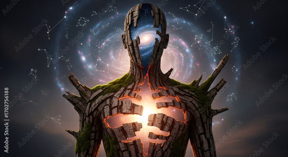 Fototapeta premium Celestial Being with Cosmic Heart and Galaxy Head, Spirit of the Universe