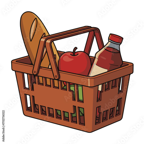 Brown plastic shopping basket with bread apple and drink on white background plastic basket