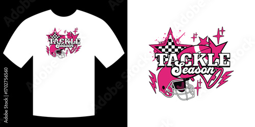 Tackle Season Design on a T-shirt: The image features a vivid illustration of a custom t-shirt design, perfect for sports teams, and apparel branding and is a vibrant expression of game day spirit. 