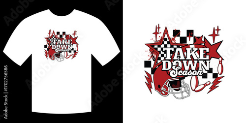 Takedown Season T-shirt: A dynamic design featuring a football helmet and the words Take Down Season, perfect for showcasing team spirit and enthusiasm. 
