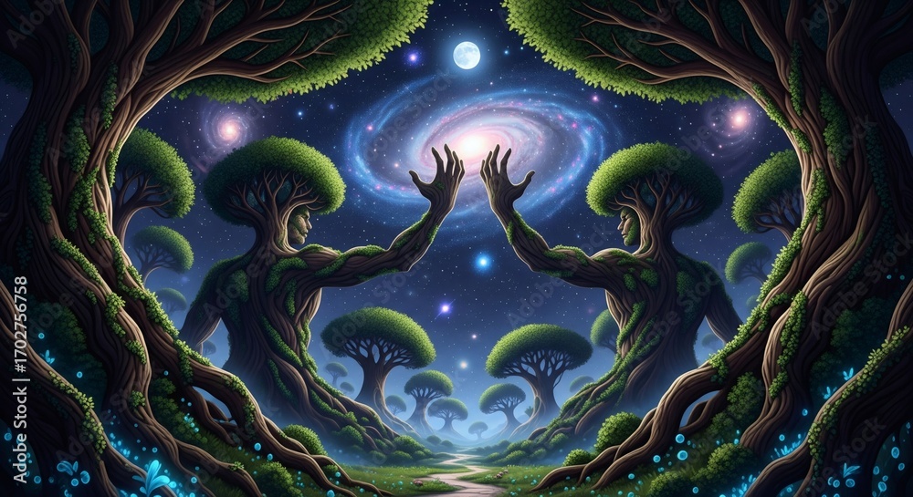 Obraz premium Galactic Guardians: Tree Spirits Embrace the Cosmos in a Mystic Forest