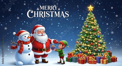 Merry christmas greeting with santa claus, a snowman, an elf, and a decorated christmas tree with presents on a snowy night