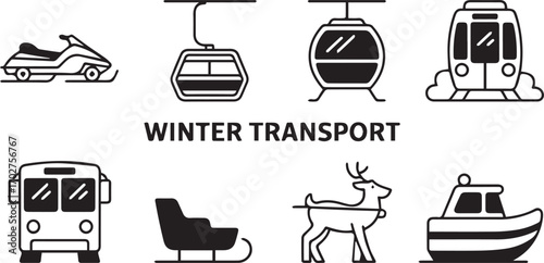 Collection of Winter Transportation Icons Depicting Various Modes of Travel During Cold Seasons