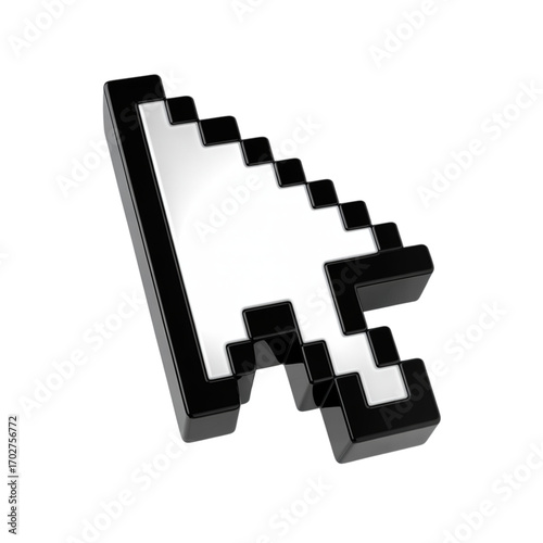 Pixelated computer mouse cursor arrow pointing upwards, isolated on transparent background