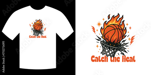 Catch the Heat: A vibrant t-shirt design features a flaming basketball soaring towards a hoop, exuding the energy and thrill of the sport.