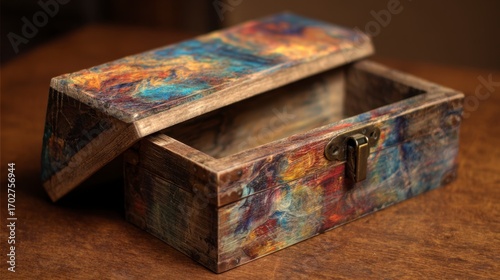 Open painted wood box with a hinged lid antique latch on a wooden surface