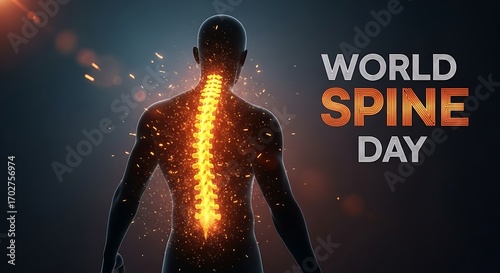 Abstract visualization of a human spine glowing with energy, representing world spine day and health awareness