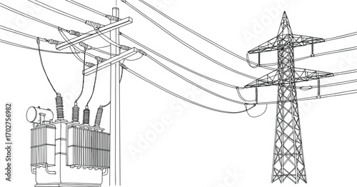 Electricity distribution transformer, utility pole lines, high voltage pylon, transmission tower illustration, power grid drawing, energy infrastructure sketch.