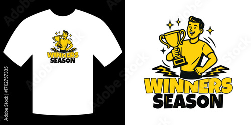 Winners Season: A creative illustration depicts a joyous character holding a gleaming trophy, embodying the spirit of triumph, all against a backdrop of clean lines and a bold, optimistic design.