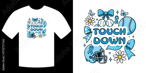 Touchdown Shirt Illustration: The football-themed design on a T-shirt, with the word Touchdown, showcasing artistic embellishments. The T-shirt, featuring a distinctive illustration. 
