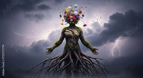 Mystical Tree Spirit with Flowers in Stormy Weather,Fantasy Nature Concept