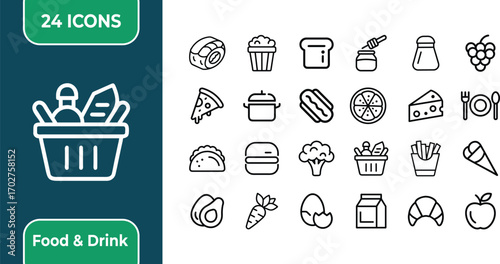 Collection of 24 food and drink outline icons on white background vector food icons drink icons