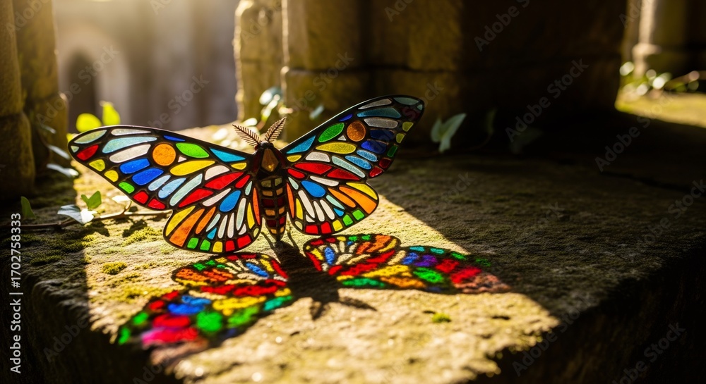 Fototapeta premium Stained Glass Moth Resting on Stone Ledge in Ancient Ruins, Sunlight
