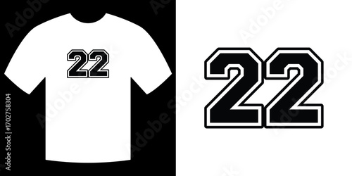 Number 22 on Shirt: A minimalist image presents a crisp, white t-shirt emblazoned with the number 22, alongside a close-up of the bold, stylized numeral in a black and white setting. 