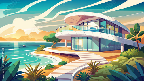 Elegant beach retreat with curved white walls, rooftop garden, and glass balustrades, reflecting sunlight and complementing the rolling waves nearby.