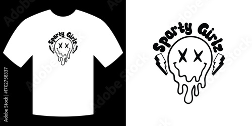 Stylish apparel for athletic women: A minimalistic black and white illustration of a stylish tee design, showcasing the word Sparty Girlz, evoking themes of fun and movement