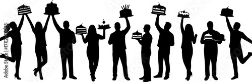 Joyful people holding delicious cakes and pastries in a celebratory silhouette
