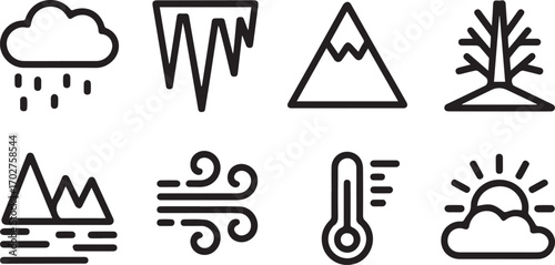 Collection of Winter Weather and Seasonal Elements Represented as Clean Line Art Icons