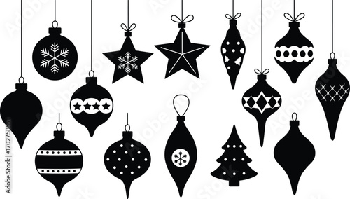 Silhouette collection of hanging Christmas ornaments with stars, snowflakes, trees, and geometric patterns in festive holiday shapes