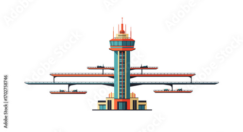 Futuristic Cityscape with Elevated Transport System.