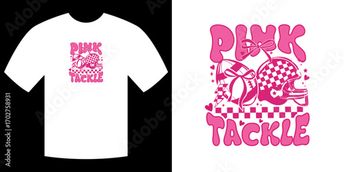 Pink Tackle T-Shirt Design: A retro-inspired, eye-catching design featuring a vibrant pink color scheme. It showcases playful elements like a football helmet, a football, hearts.
