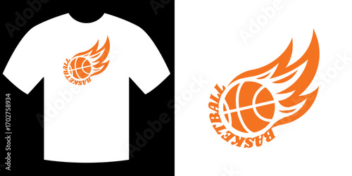 Basketball Logo and T-shirt: A dynamic orange logo design, featuring a basketball engulfed in flames, symbolizes energy and competition, is printed on a clean white T-shirt.
