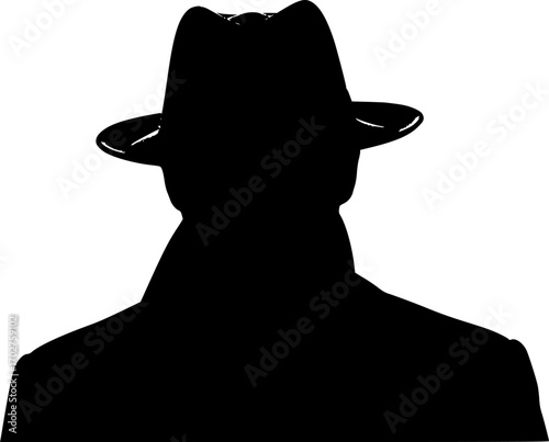 Mysterious Figure in Fedora: A stark black and white silhouette of a man in a fedora, symbolizing mystery, intrigue, and anonymity. The image is simple yet powerful